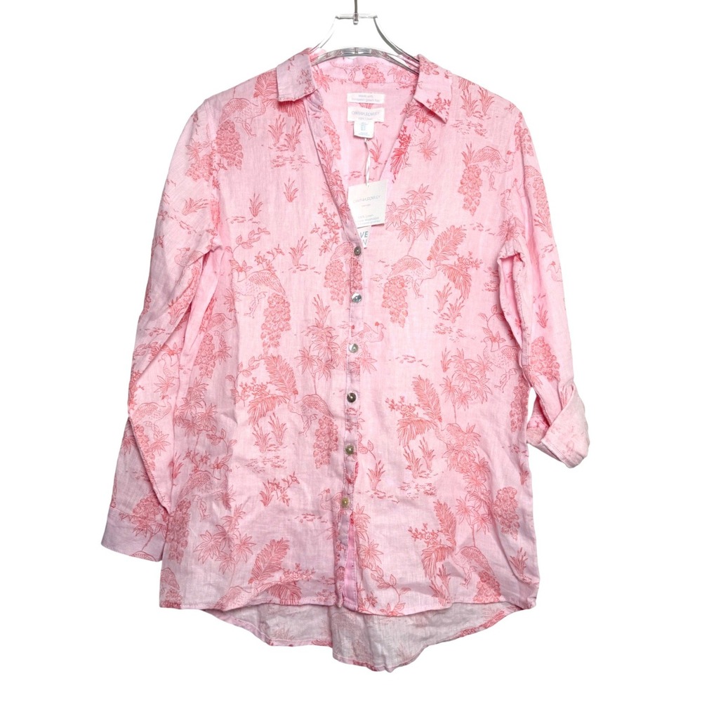 Cynthia Rowley Linen Shirt Womens S Pink Tropical Toile Peacock Button Down NWT